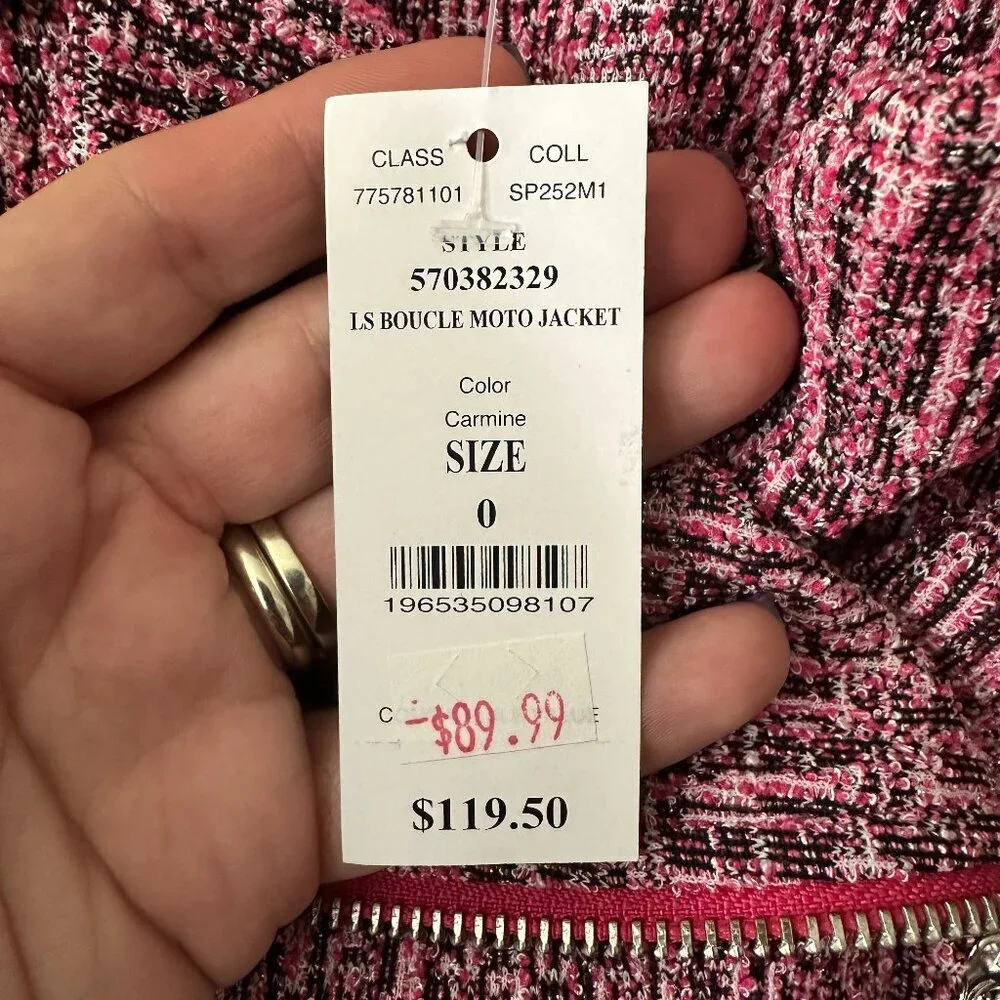 NWT White House Black Market Long Sleeve Boucle Moto Jacket Carmine 0